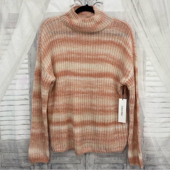 Calvin Klein Mock Neck Pink Striped Sweater Mohair Wool Acrylic Blend Oversized - Picture 1 of 9